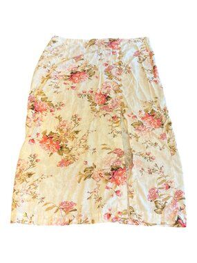 MNG Linen Maxi Skirt Size 14 Floral Faux Buttons Side Zip 16" Slit No Stretch